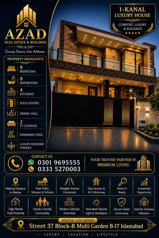 1 Kanal Luxury Designer House For Sale B Block Multi Garden B 17 Islamabad