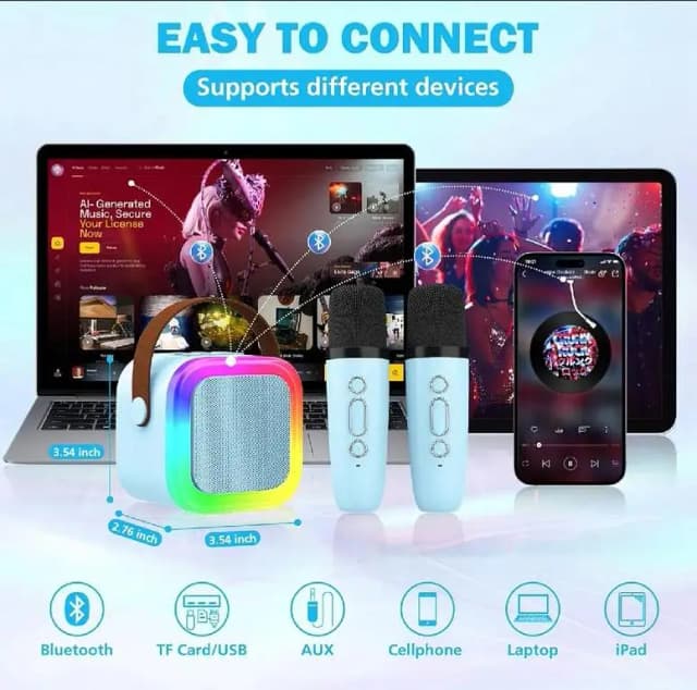 K12 Mini Portable Bluetooth Karaoke Speaker with 2 Wireless Microphones – RGB LED Lights, Rechargeable Sound System for Kids & Adults