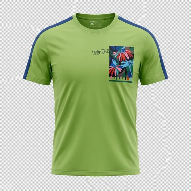 Lime Green Floral Graphic T-Shirt – Navy Blue Stripe Detail