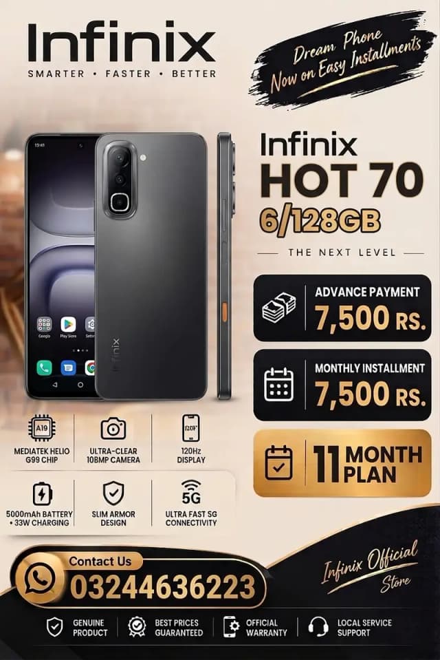 Infinix Hot 70 (6/128GB) On Easy Installment Plan (Only FOr  Lahore)