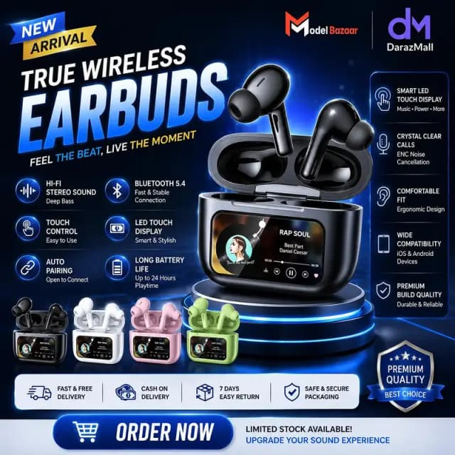 A9 Pro Wireless Earbuds Black Bluetooth 5.3 Hi-Fi Stereo TWS Earbuds
