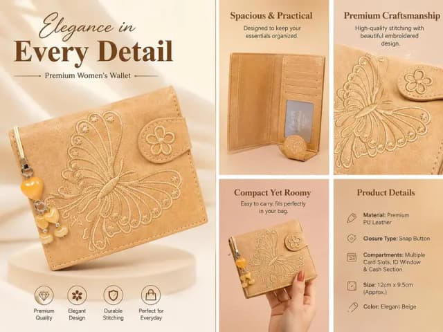 Elegant Beige Women’s Wallet – Premium Embroidered Butterfly Design