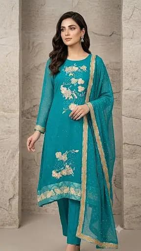 beautiful party wear embroidered dress chiffon fabric inner banarsi