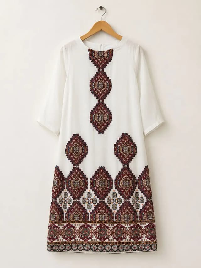 Elegant White & Meroon Embroidered Dress