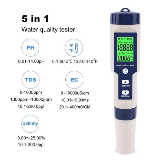 Digital 5 In 1 Salinity TDS EC PH Temperature Tester With ATC
