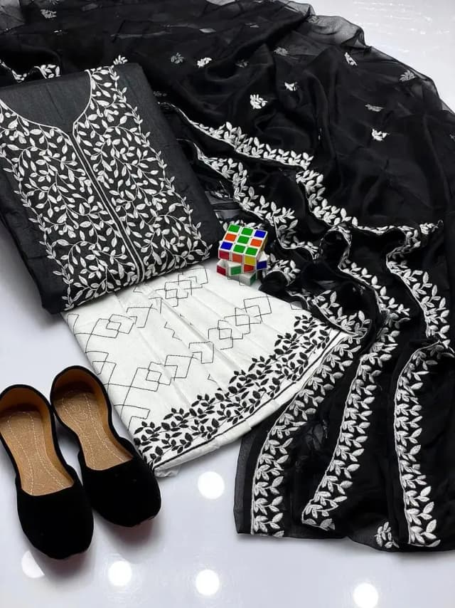 Black Leaf Embroidered 3-Piece Women Suit with Khussas