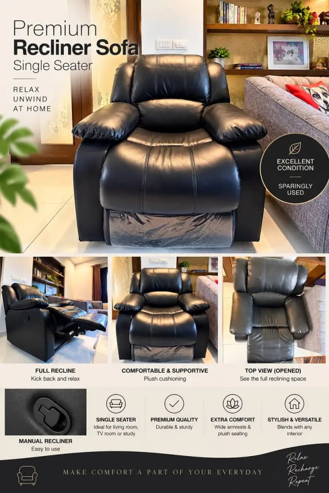 Premium Black Leather Recliner Sofa – Single Seater | Excellent Condi