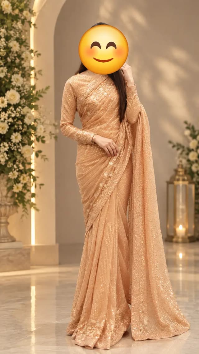 Peach color net saree sequence embroidered