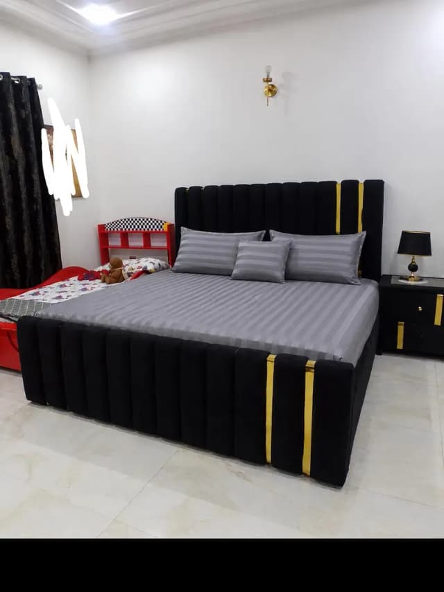 Black Cushioned Bed Set with Side Table & Dressing table
