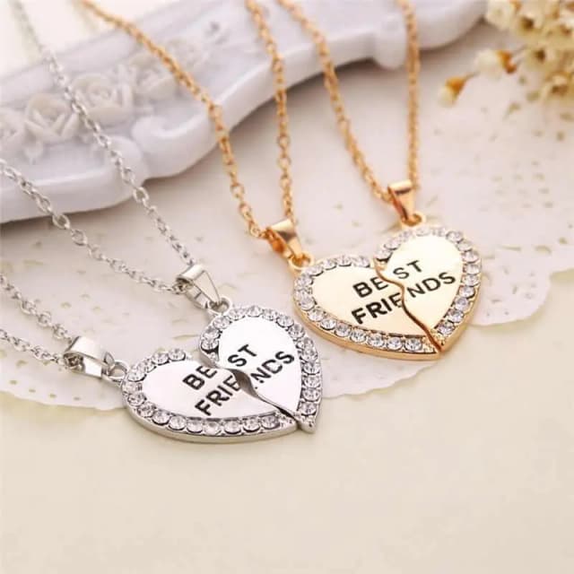 Best friends heart necklaces Gold silver crystal edged