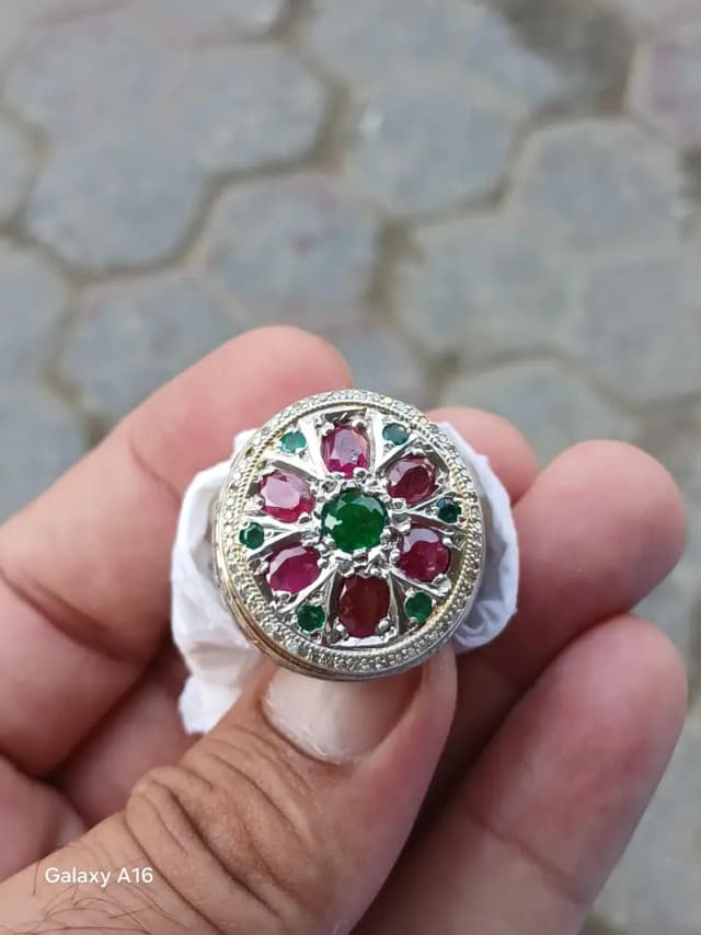 Natural Rubies, Emeralds, Diamonds Mix stones Ring.