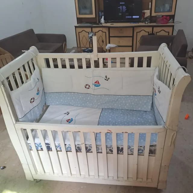 Wooden Baby Cot with New Mattress, Storage & Wheels