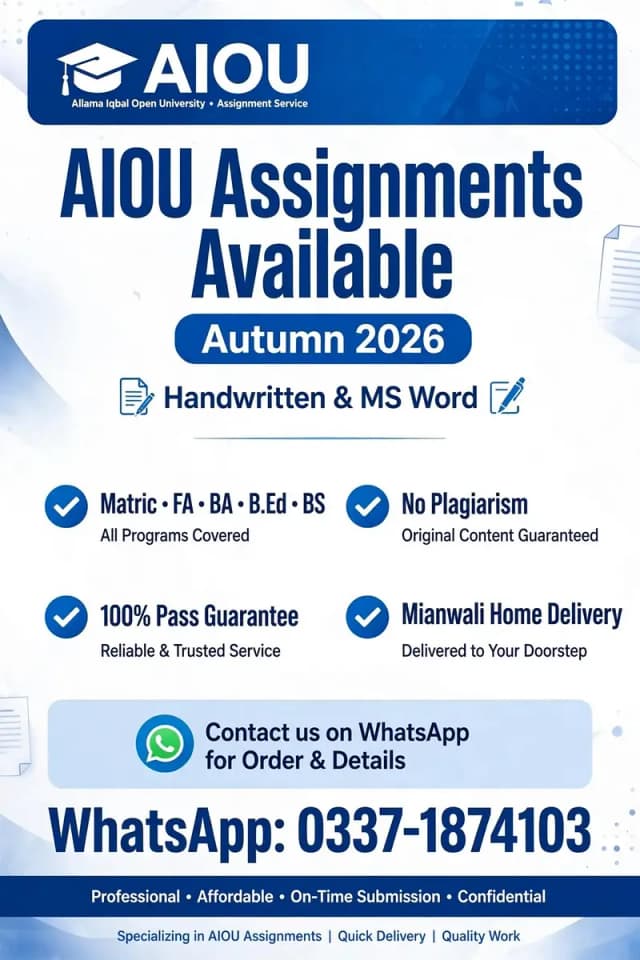 aiou assignment autumn 2026 handwritten mianwali . all codes