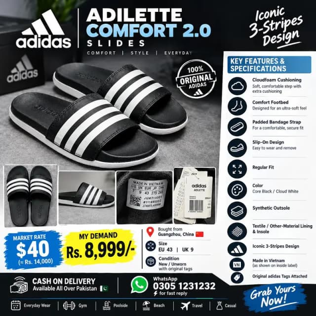 Adidas Adilette Comfort 2.0 Slides Slippers Eu 43 — Black/White