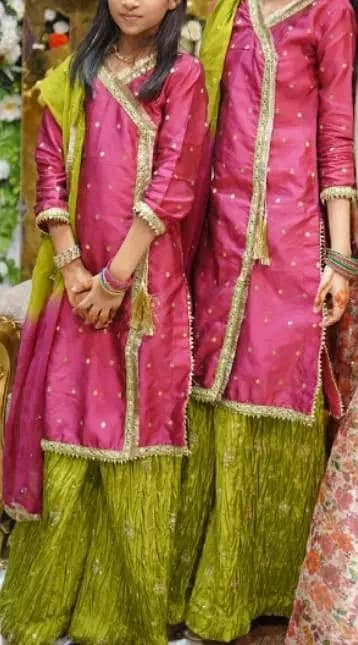sister pair dress-pink angrakha and green green crushed ghaghra