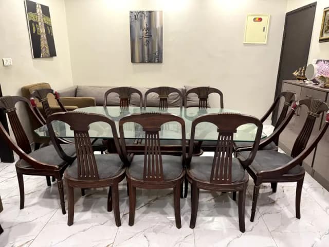 Elegant Wooden 10-Seater Dining Table Set with Glass Top
