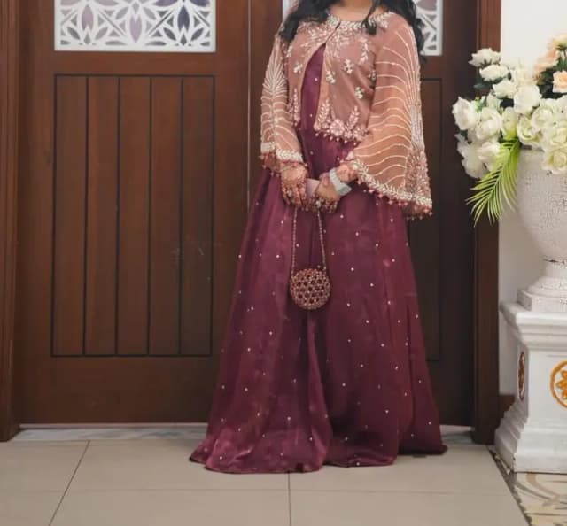 Elegant customized Maroon Maxi with Embroidered Upper Coat
