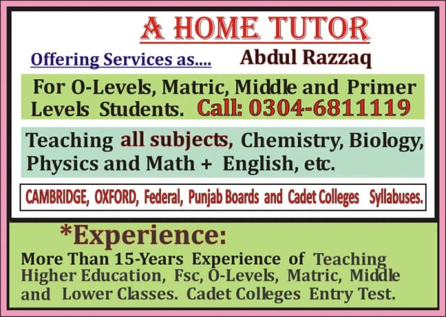 Home Tutor, Tuition. "A Highly Experienced and Reliable Teacher.