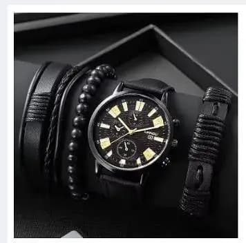 4pcs Black Round Quartz Watch With PU Leather Bracelet Men Nylon Business Watch Fashion Casual For Daily Sports R3383