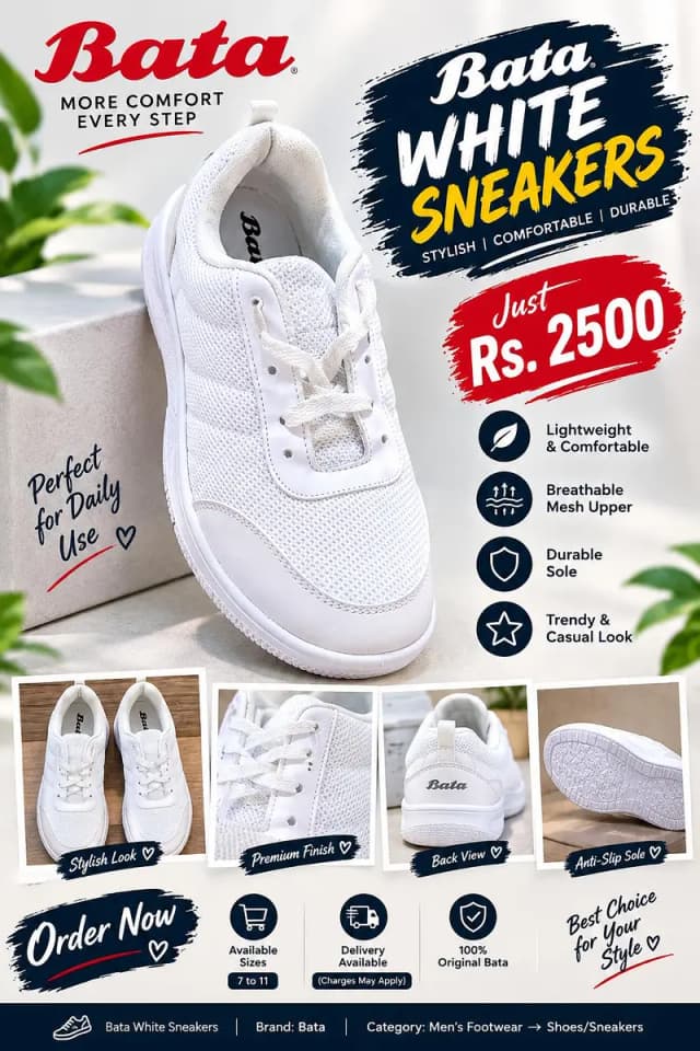 Bata White Sneakers – Brand New | Rs. 2500