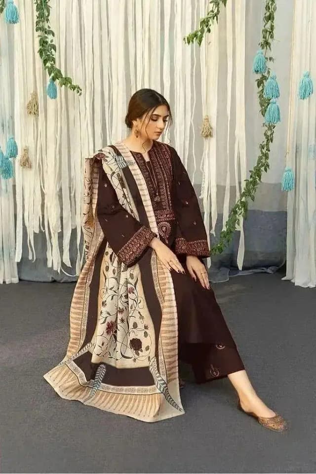 3_Piece Brown Lawn Embroidered Suit With Printed Dupatta