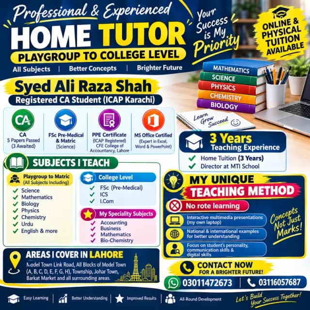 Professional Home Tutor | Playgroup to College | Lahore