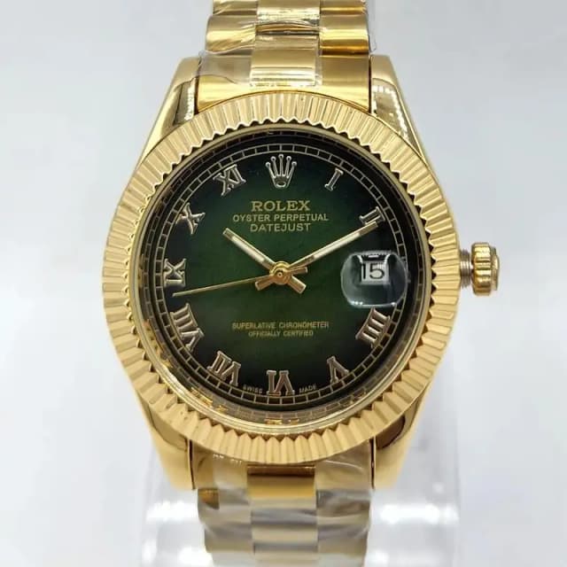 Oyster Watch Gold Fluted Bezel Olive Green Dial Men's Automatic Watch