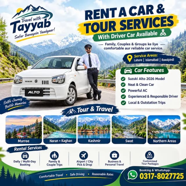 Naran kaghan Swat Kalam Suzuki Alto vxr available in Rent with driver