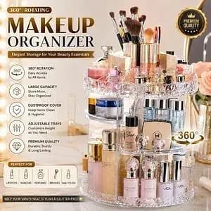 T  360° Rotating Acrylic Makeup Organizer Stand – Multi-Layer Cosmetic Storage Holder for Makeup Brushes, Lipsticks, Skincare & Beauty Accessories | Transparent Desktop Vanity Organizer for D