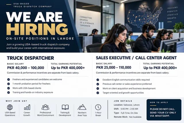 International Sales Executive | Truck Dispatch | 25K–150K | Lahore