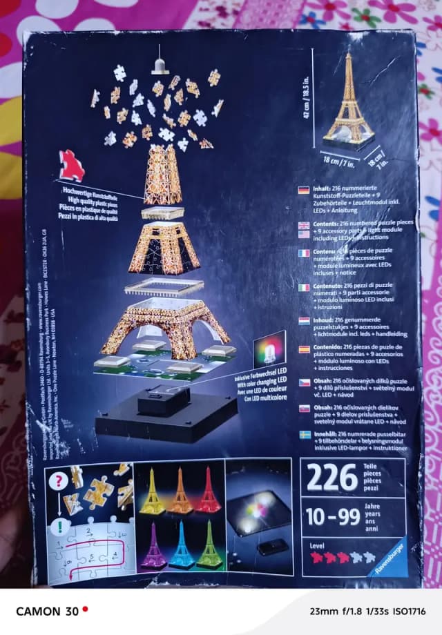 Ravensburger 3D Eiffel Tower Puzzle 216 Pieces + LED. /8 piece missing