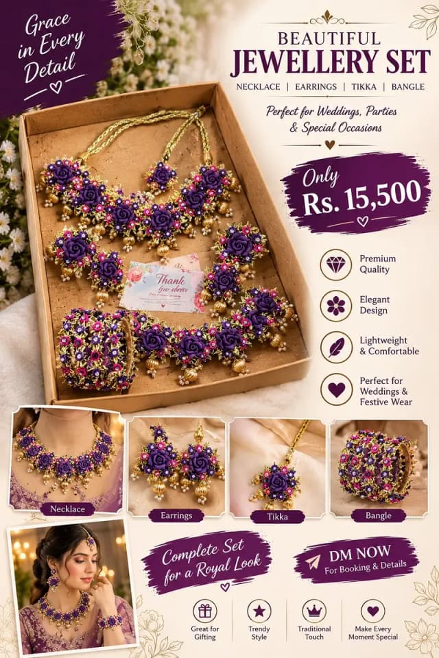 Beautiful Purple & Golden Bridal Jewellery Set with Earrings, Tikka &