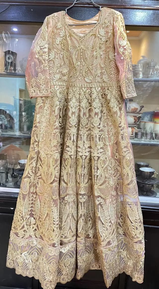 Beautiful Peach Pink Heavy Embroidered Net Maxi with Dupatta
