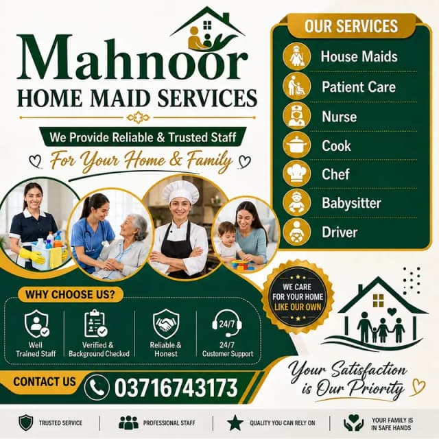 House maid , Maid, Baby Sitter, Chef , Couple , Driver , Patient care