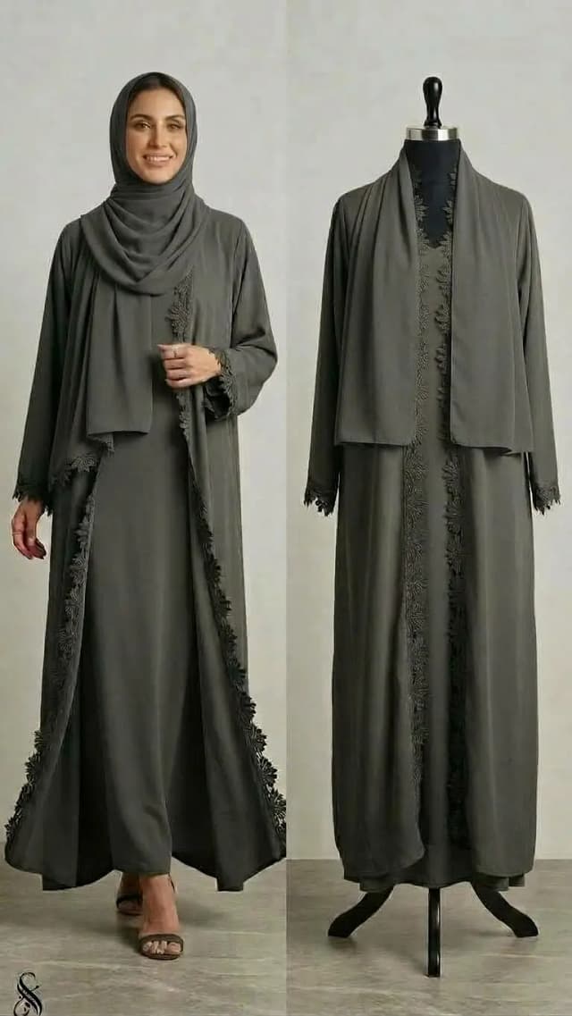 Sage Green open abaya with shrug and Hijab as well.