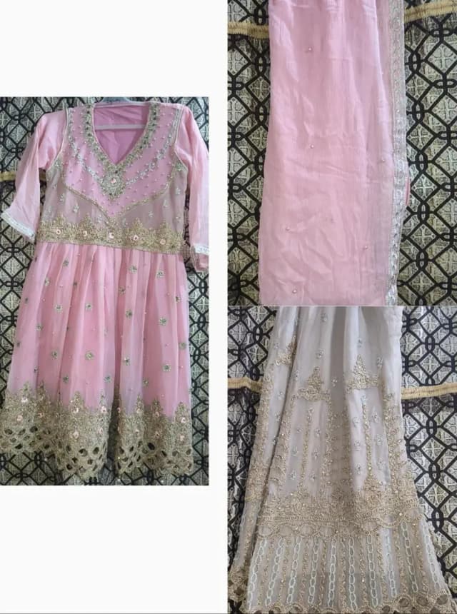 Pink Chiffon Frock with Gharara - 3 Piece Party Wear - Medium