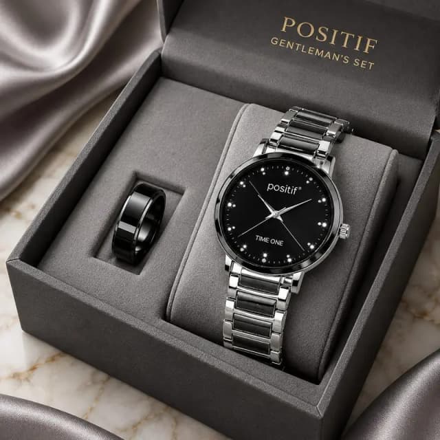 Positive men's luxury watch with free black ring