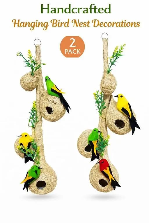 UK bird toys 2 pack Handmade Artificial beautiful Bird nest, Decorative Nest, excellent Decor Hanging Nesting Hand Woven Natural Humming Bird Nest Hut for Window Home Garden Tree Outdoor Even