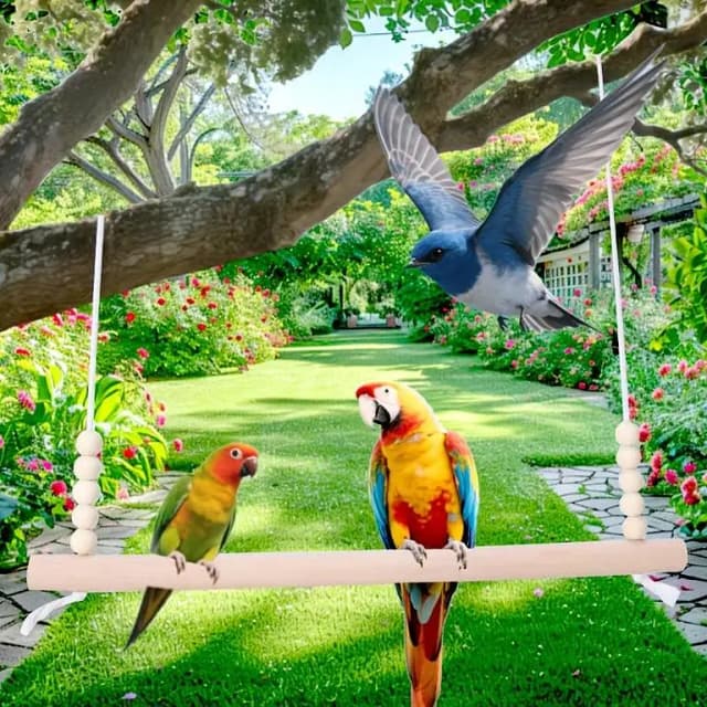 UK bird toys Large Wooden Bird Swing Toy with Beaded Chains - Durable Anti-Tangle Design for Parrots, Parakeets, Chickens & Small Birds - Indoor/Outdoor Hanging Perch & Rope Swing for Mental 