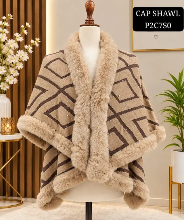 Ladies Luxury Fur Cap Shawl – Winter Warm & Stylish Wrap