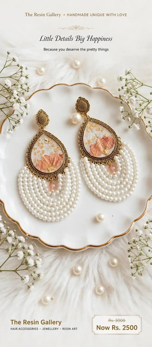 Handmade flora resin pearl jhumka ,The Resin Gallery,Rs 2500