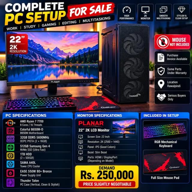 Ryzen 7 7700 PC + 32GB DDR5 + Planar LCD | Complete Setup