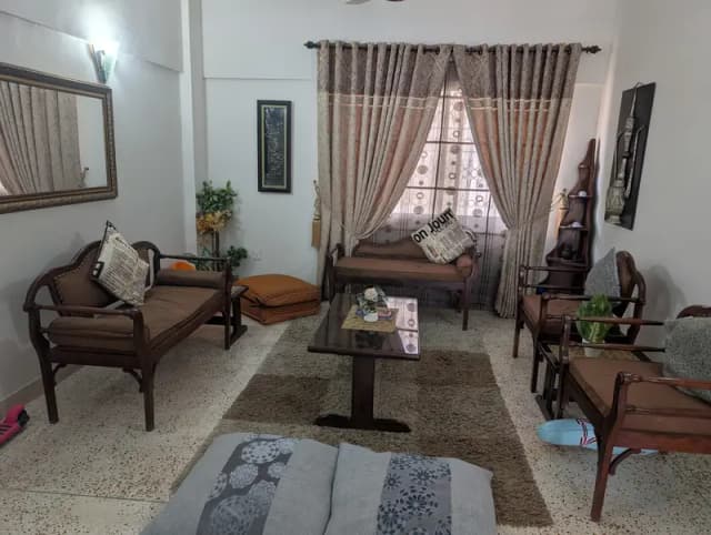 7 seater sofa set wooden with glass center table and 2 side tables.
