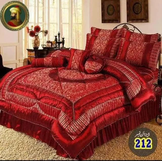 Luxury Bridal Red Comforter Set with Heavy Quilt, Cushions & Bed Skirt