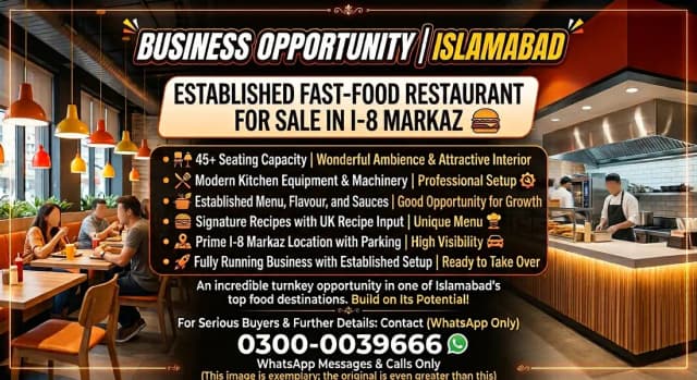 Operational Fast-Food Restaurant Available for Sale in I-8 Markaz!