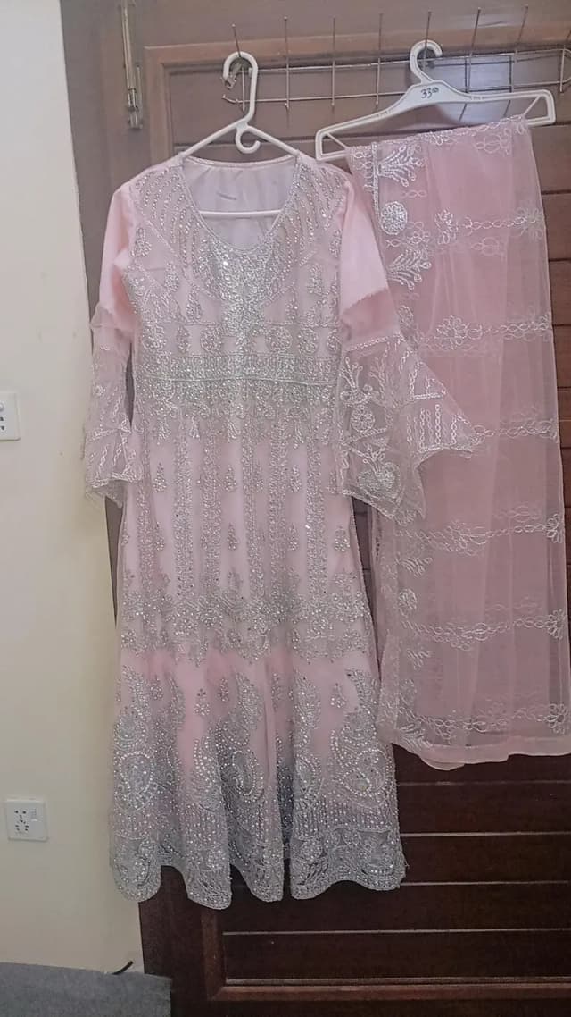 Beautiful Pink Heavy Embroidered Maxi Suit With Trouser & Dupatta