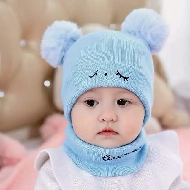 Kids blue wool cap & neck warmer set 1 - 5 years