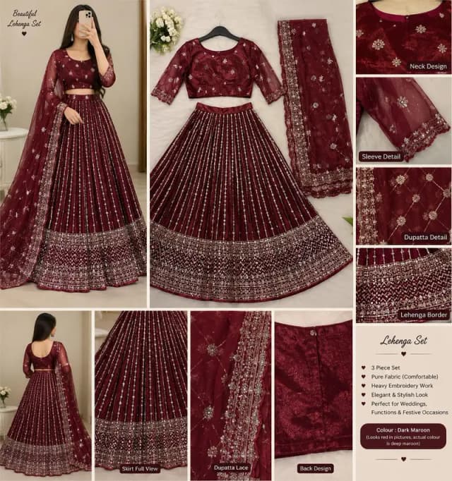 Heavy Maroon Net Lehenga Set - Wedding / Party Wear