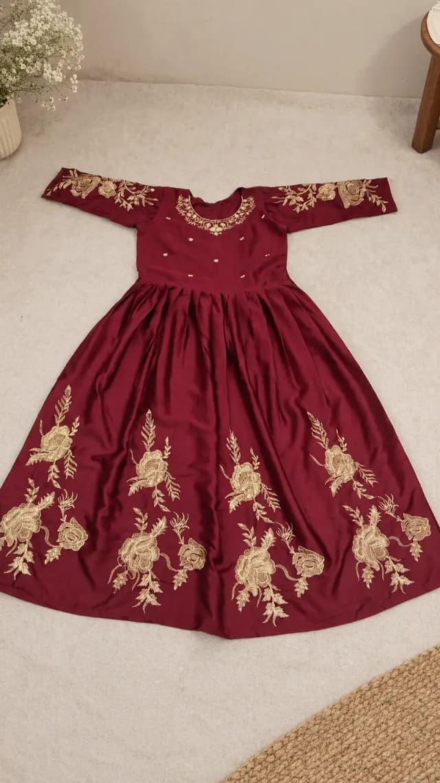 Mahroon embrioded maxi frock