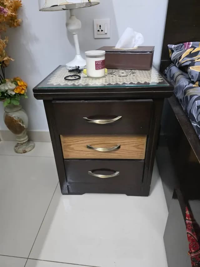 pure wooden bed with side table and dressing